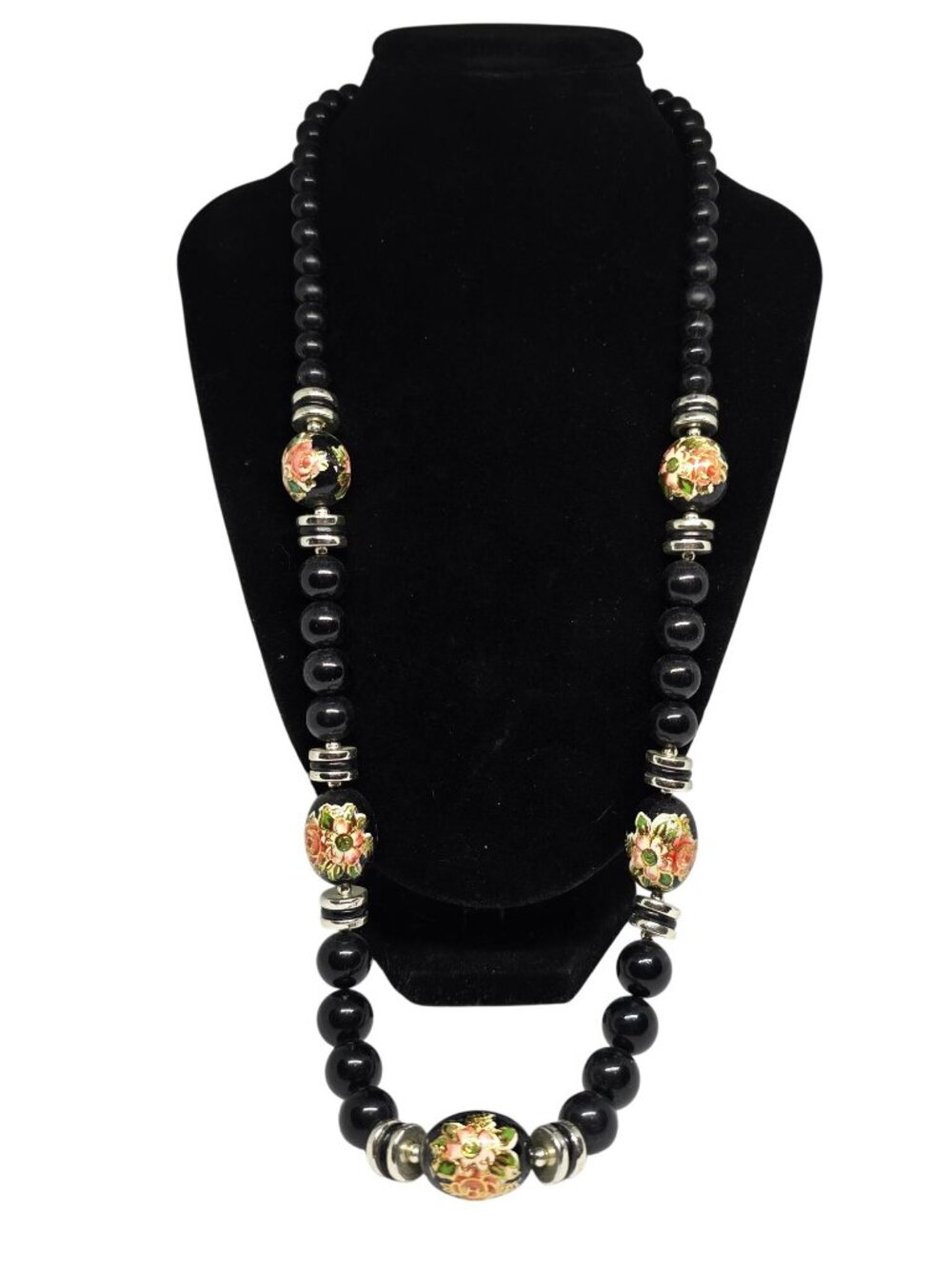 Vintage Black‎ Beaded Cloisonné Floral Necklace Gold Tone Spacers Statement 24”